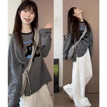 美式复古条纹长袖t恤女早秋2025新款宽松纯棉松弛感慵懒风打底衫