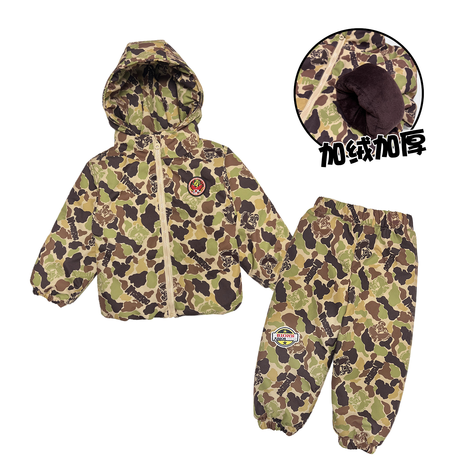 2025新款 黑超潮牌 奶嘴迷彩徽章加绒棉服套装 奶嘴童套装 现货