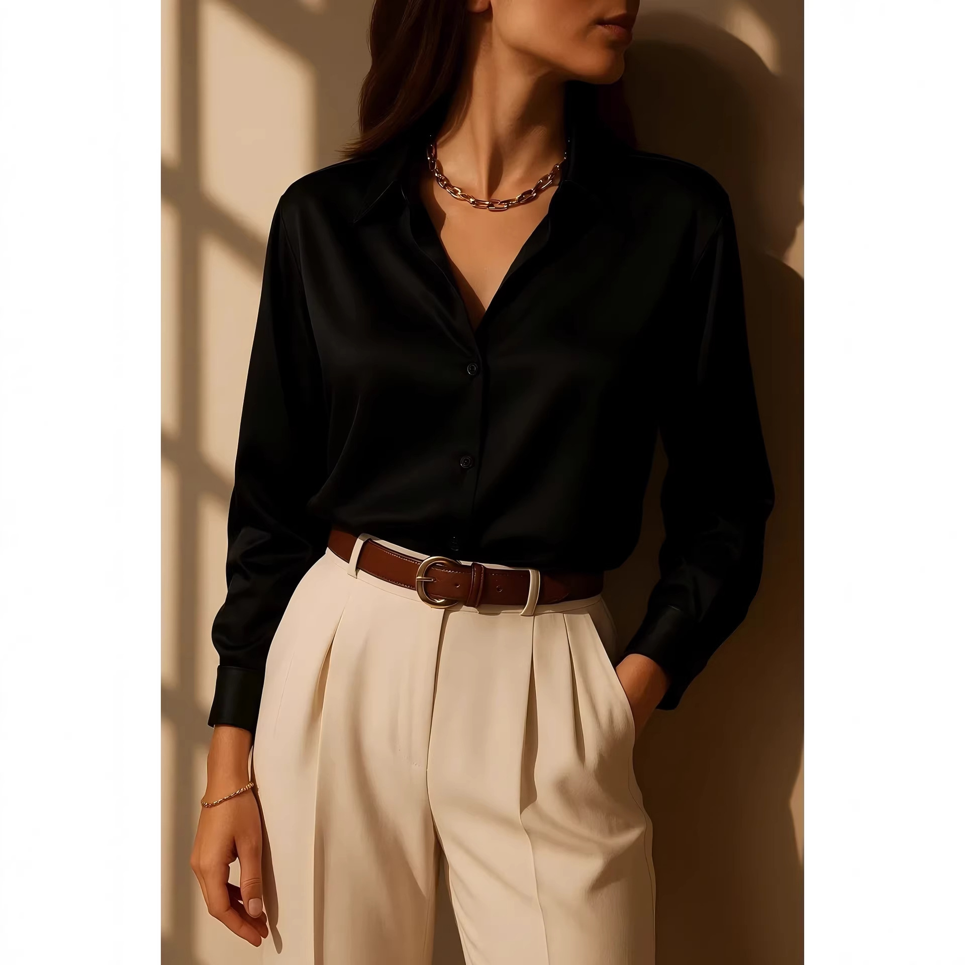 Women's Solid Color Acetate Long Sleeve Shirt Spring New Arrival Silky Satin Feel Wrinkle Resistant Drapey Texture Basic Top_ecoleips.com