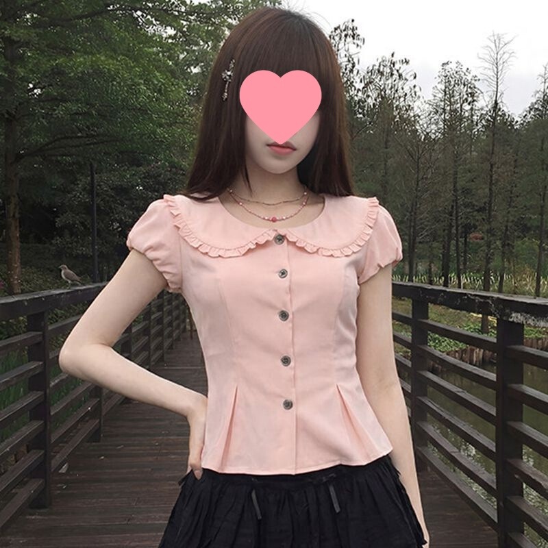 Sweet and cute girly style round neck shirt, summer Korean-style doll collar, waist-cinching versatile top, slim-fit and slimming blouse