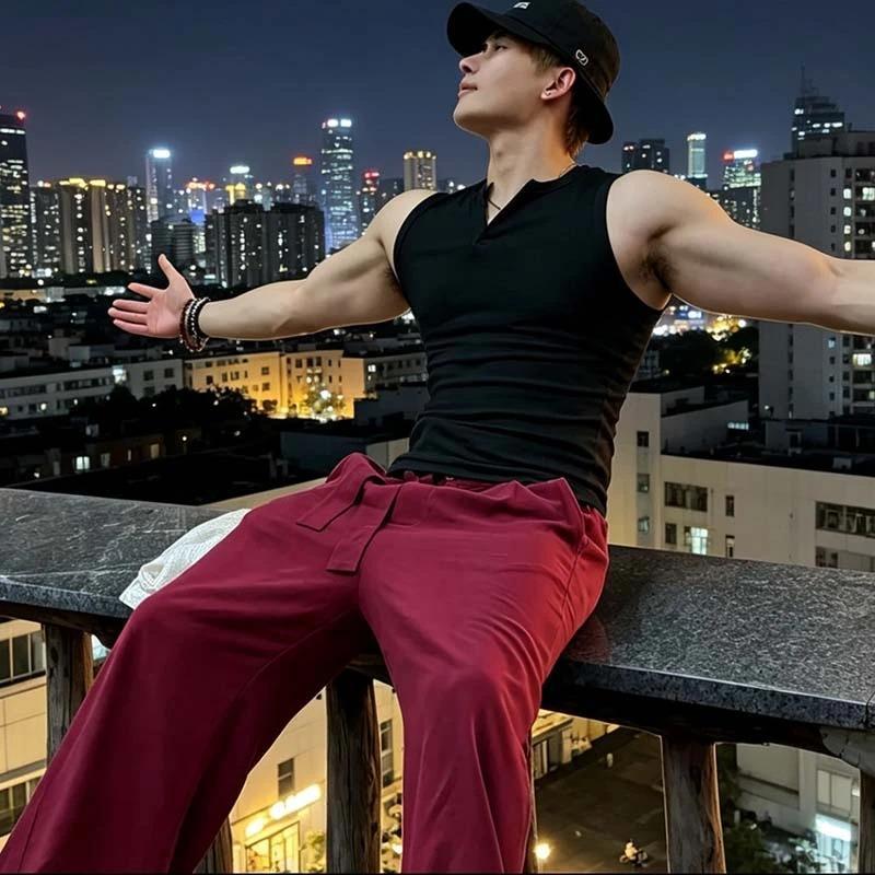 American-Style Henry Collar Ribbed Slim-Fit Vest 2026 New Sweat-Absorbent Quick-Dry Fitness Sleeveless Sports Casual Top for Men