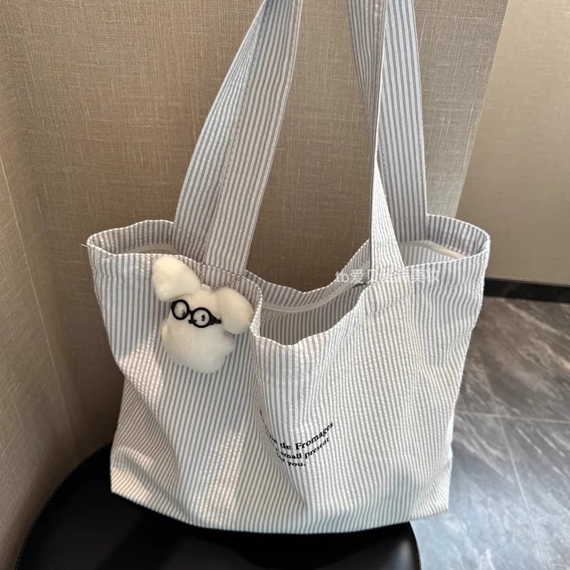 大容量帆布包新款休闲条纹慵懒简约2025通勤手提包百搭单肩托特 - Thumbnail 3