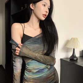 欧美跨境亚马逊油画连衣裙网纱吊带两件套女夏季感超好看辣妹长裙