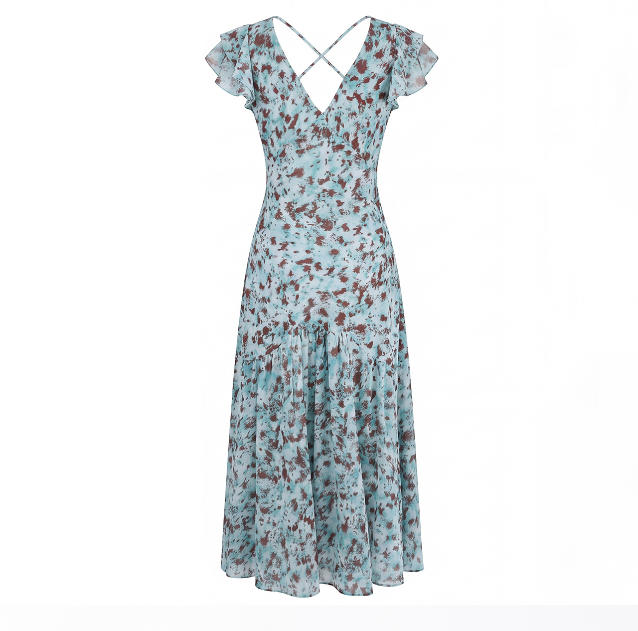 Đầm maxi nữ cổ V tay lá sen chất liệu chiffon in hoa nhí — xanh lam chi tiết 17