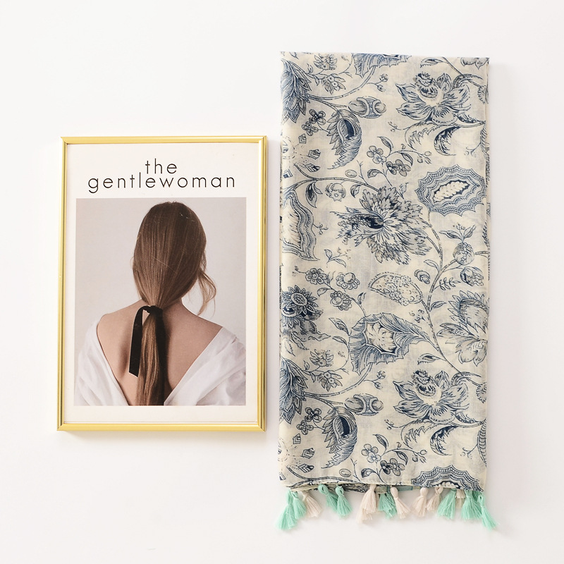 Japonés y coreano dulce elegante borla bufanda algodón y lino sensación bufanda planta flor imprimir viaje protector solar toalla de playa para las mujeres