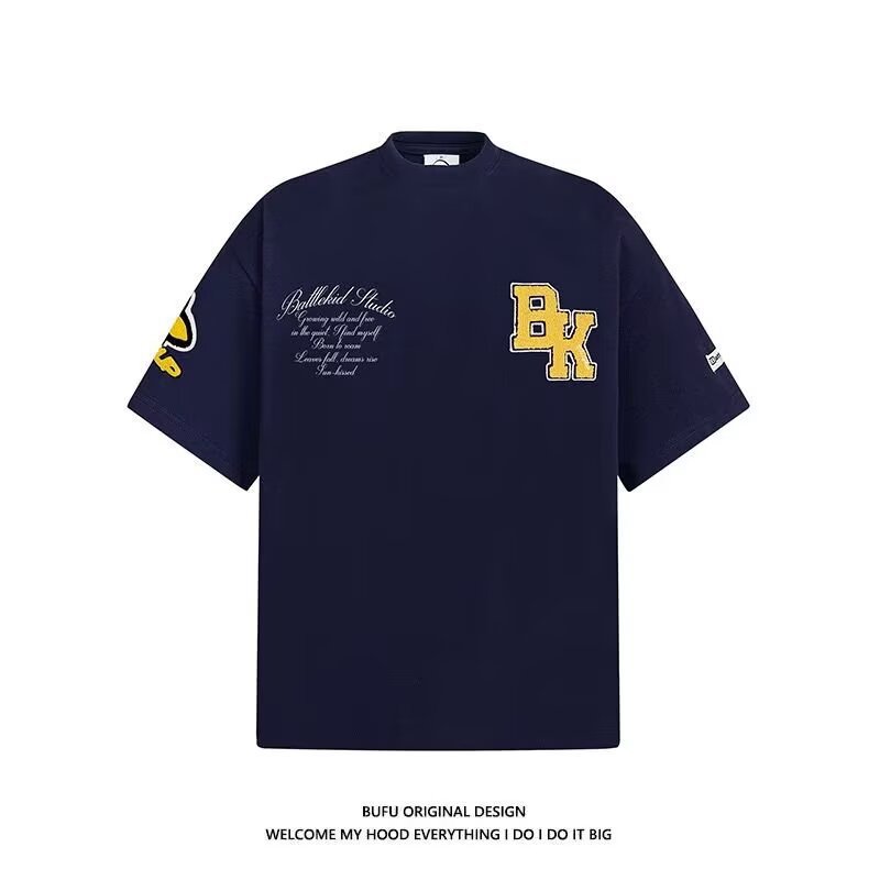 2025 トレンディなレトロアメリカンレター刺繍パーソナライズされたヘビーコットンルーズ Tシャツ男性と女性の半袖カップルトップス|undefined