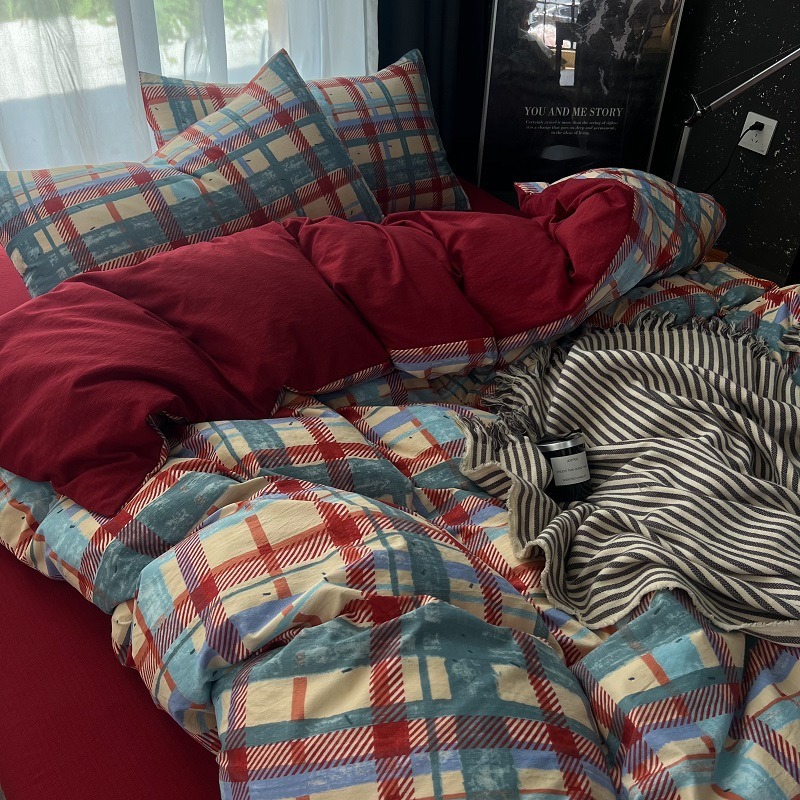 Retro Red Plaid Washed Cotton Double-Layer Gauze Quilt Cover Four-Piece Set Double Bedding Dormitory Bed Single Three-Piece Set