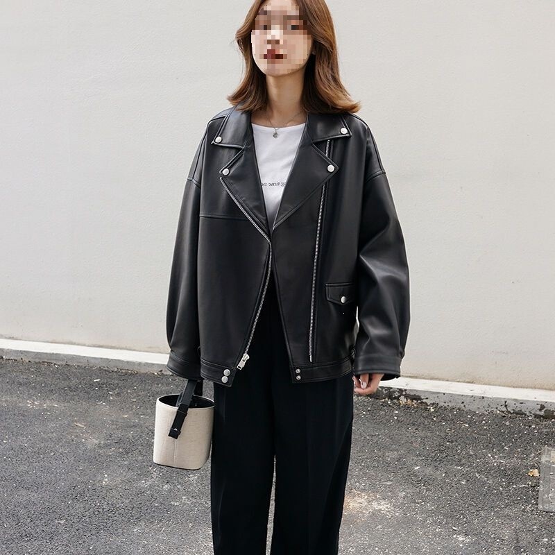 Korean-style design casual loose black biker PU leather jacket for women, suitable for spring and autumn, versatile, slimming, plus-size leather jacket Korean-style design casual loose black biker PU leather jacket for women, suitable for spring and autumn, versatile, slimming, plus-size leather jacket