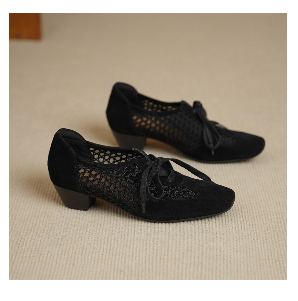 Giày sandal cao gót nữ hở mũi phối lưới, gót 4 cm, phong cách vintage — đen chi tiết 13