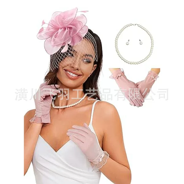 Amazon Bridal Head Flower Set Headband Gloves Necklace European and American Bridal Supplies Retro Feather Headdress Head Flower