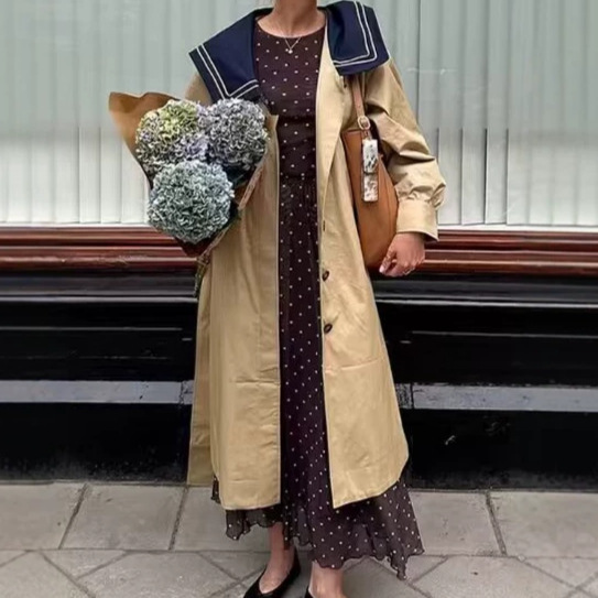 European and American Style Cross-Border Foreign Trade Wholesale French Retro British Style Long Trench Coat with Navy Collar and Belt Decoration European and American Style Cross-Border Foreign Trade Wholesale French Retro British Style Long Trench Coat with Navy Collar and Belt Decoration