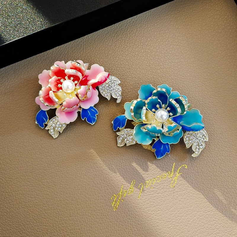Chinese Style Enamel Peony Flower Brooch for Women, High-End Pearl Flower Corsage, Versatile Personalized Cheongsam Clothing Pin Accessories