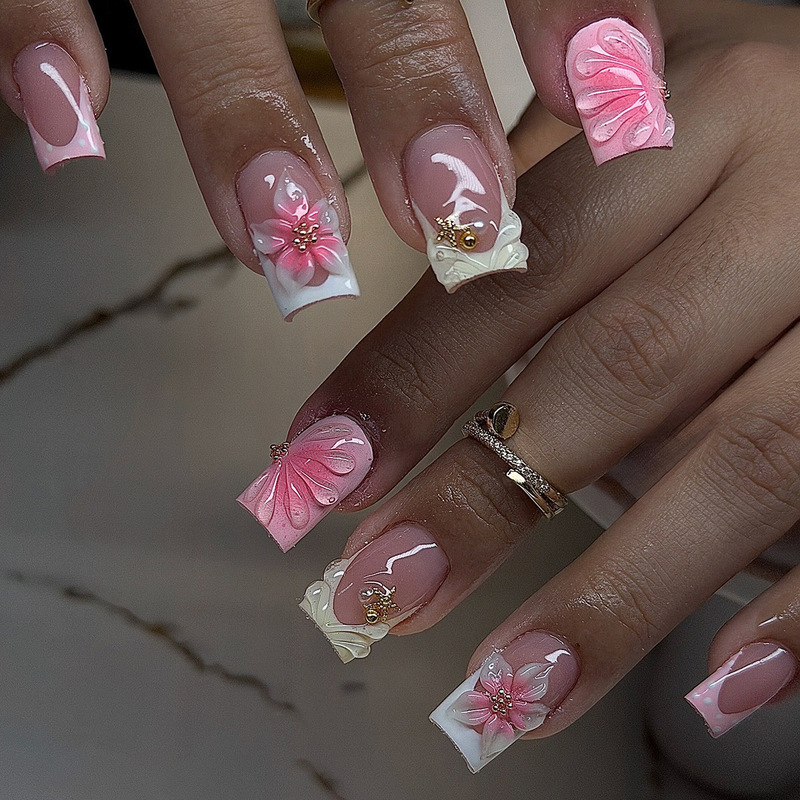 Wearable Medium-Length Square 3D Pink Flower Summer Shell Ocean Style Fake Nail Tips Wearable Medium-Length Square 3D Pink Flower Summer Shell Ocean Style Fake Nail Tips