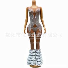 走秀性感印花白玫瑰喇叭水钻欧美歌手DJ酒会派对演出连体蕾丝裤