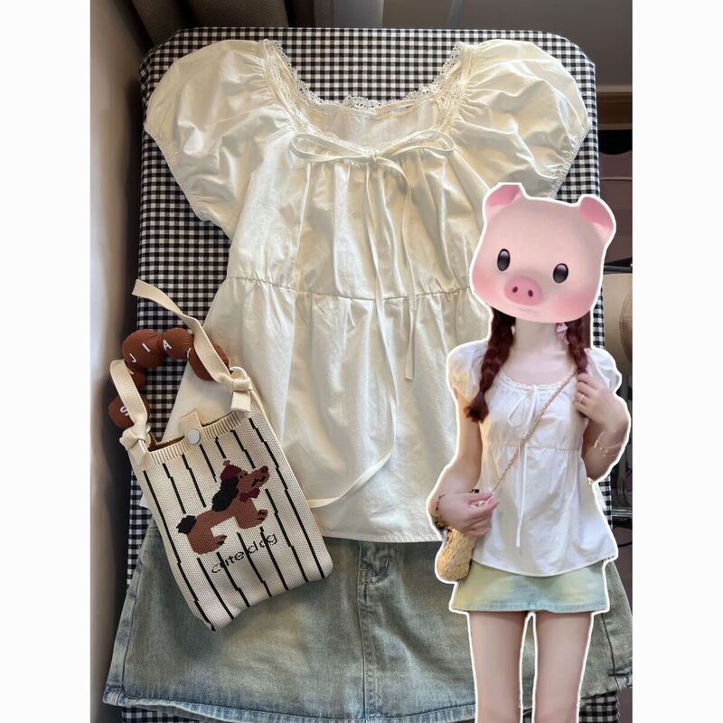 French Sweet Lace Doll Short-Sleeved Shirt Summer Design New Slimming Puff Square Neck Top