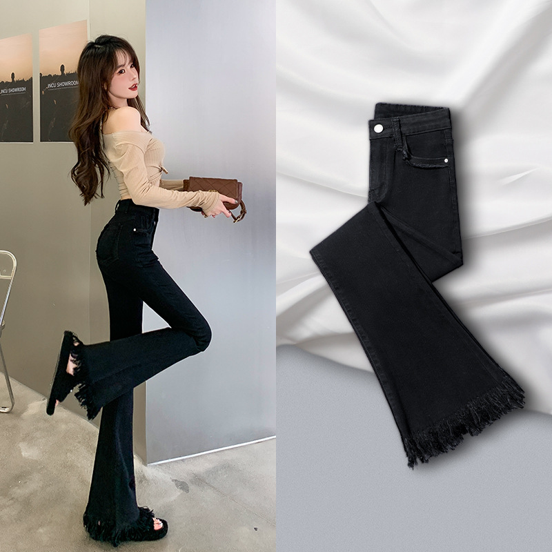 Black micro-flare jeans for women in spring and autumn 2023 new high-waist slim bell-bottom pants for women in autumn