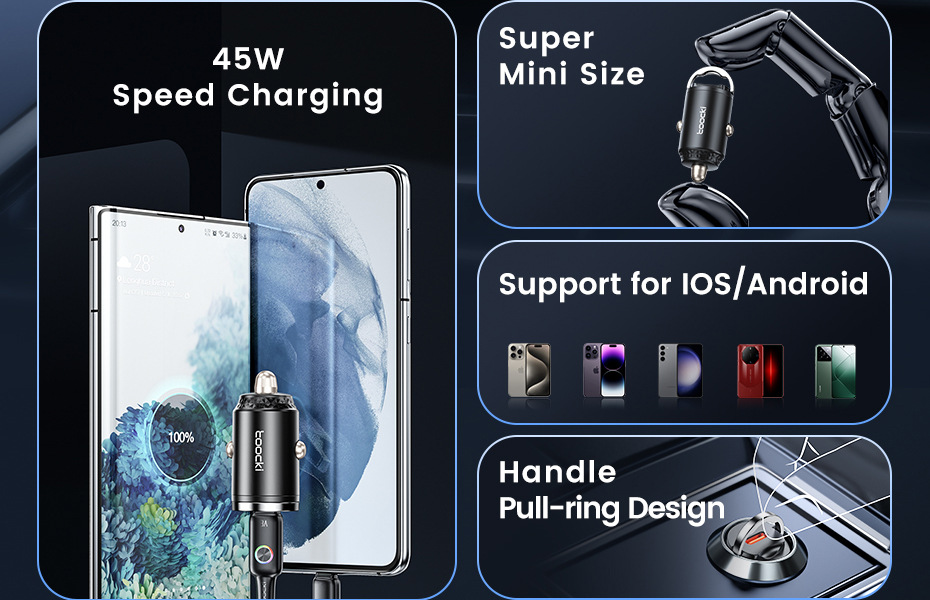 Toocki 45W Mini Pull-Tab Car Mobile Phone Charger Type-C Fast Charging Suitable for Samsung Pps Car Charger