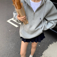 老钱风美式复古拉夫小马标刺绣半拉链套头纯色连帽休闲卫衣男女
