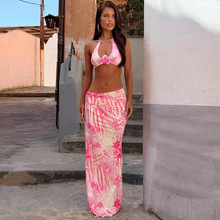 2025年夏季新品个性甜辣撞色印花绑带大露背吊带包臀长裙两件套