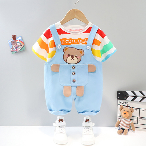 Baby boy summer clothes, new style, striped letters, short-sleeved overalls, two-piece set, summer suit for children aged 1 to 4 years old