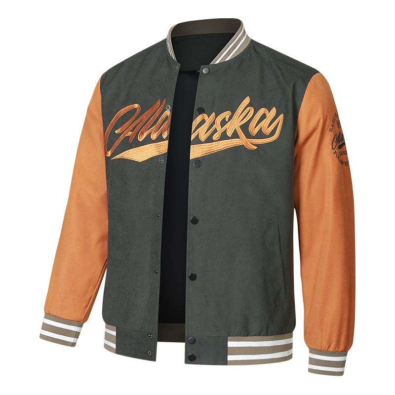 Herrenbekleidung Europäische, lockere Passform, bestickte amerikanische Baseballjacke mit Farbblockierung_voghion.com