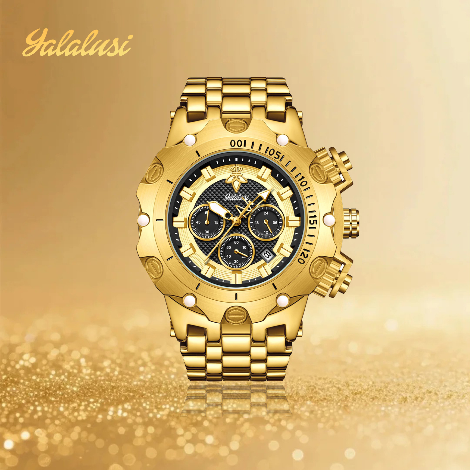 YaLalusi reloj de oro de lujo reloj multifuncional para hombres tres ojos cronógrafo reloj de negocios reloj transfronterizo europeo y americano