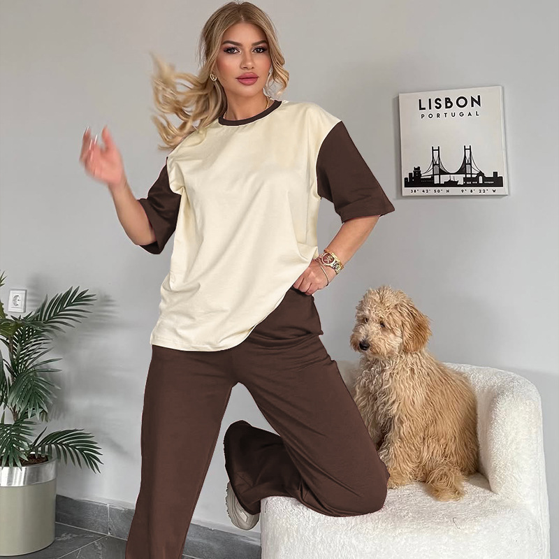 Summer Contrast Color round Neck Short Sleeved T shirt Women Casual Wide Leg Pants Two Piece Sets
