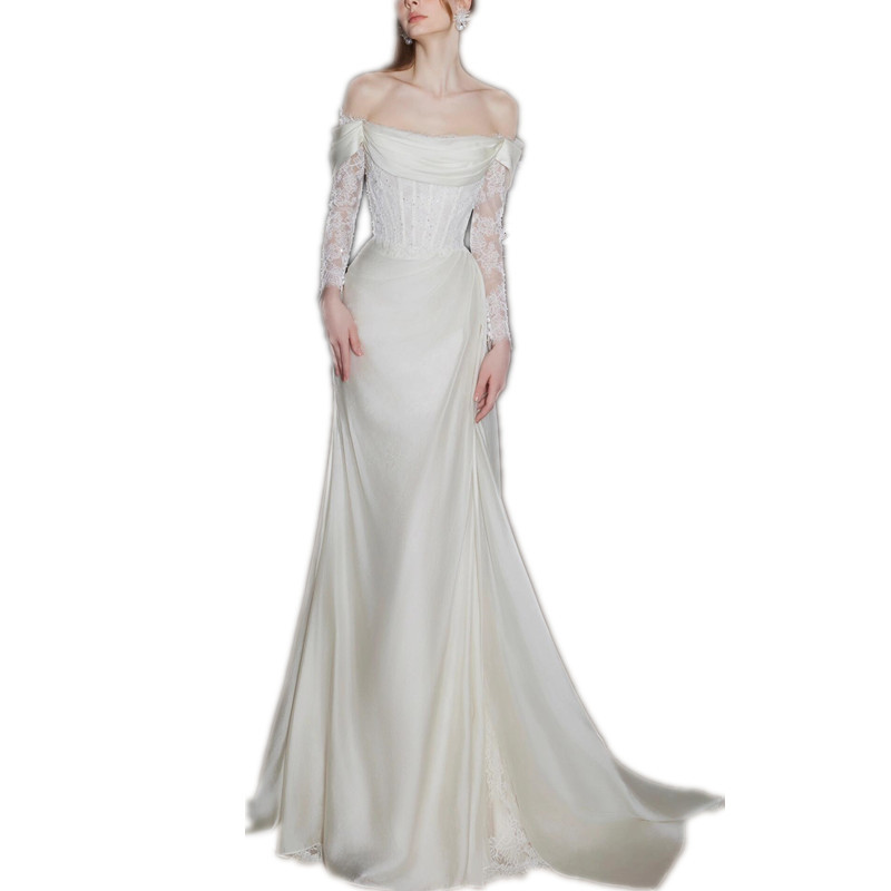 French Off-Shoulder Light Lace 2025 New White Slimming Small Train Bride Wedding Reception Dress_voghion.com