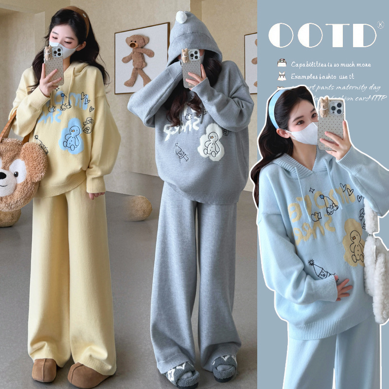 Maternity Wear Autumn and Winter Trendy New Style Age-Reducing Embroidered Hooded Sweater Casual Loose Wide-Leg Pants Two-Piece Set