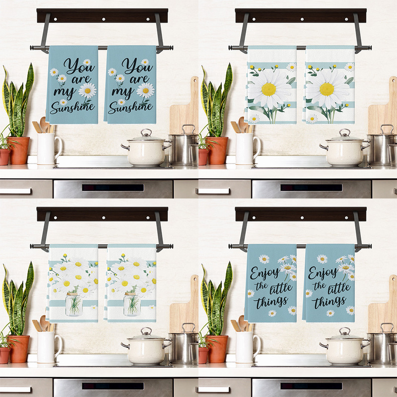 Daisy Flower Kitchen Towel Striped Tea Towel Floral Absorbent Dish Towel Housewarming Gift Blue Farmhouse Bathroom Decor