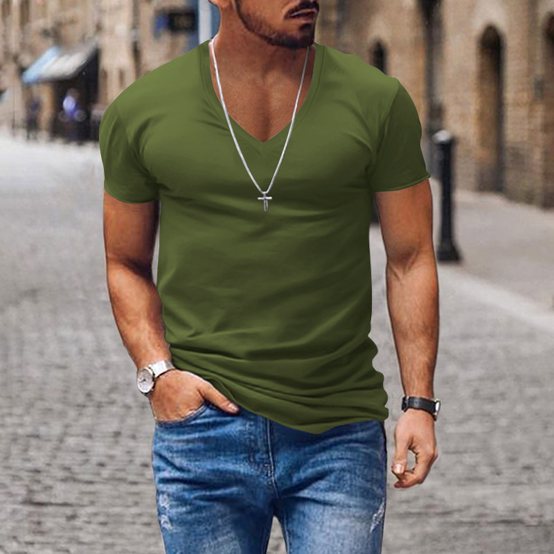 2024 Men's R cotton top summer V-neck solid color large casual T-shirt short sleeved new_voghion.com