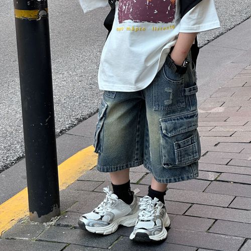 Tairu 2024 new summer Korean style boys' fashionable and versatile ripped workwear jeans children's shorts trendy