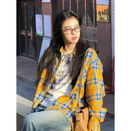 复古黄色格子衬衫男女宽松慵懒风情侣休闲中性风春秋款衬衣外穿