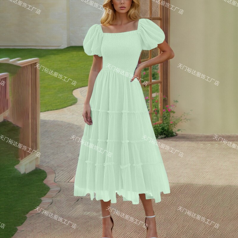 Tulle Long Dress 2025 Summer Fluffy Short Sleeve Square Neck Ruffle Casual Vacation Party Dress Tulle Long Dress 2025 Summer Fluffy Short Sleeve Square Neck Ruffle Casual Vacation Party Dress
