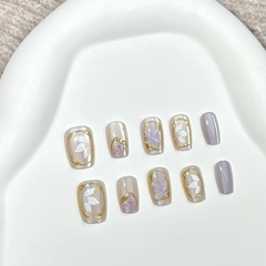 立體鎏金芋泥夢幻紫貓眼穿戴甲花朵溫柔甜美美甲貼片