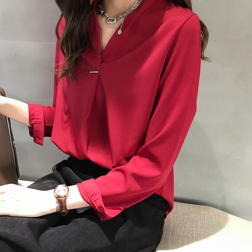 2025 Spring and Autumn New Gentle Style V-Neck Women's Long-Sleeve Top Korean Style Chiffon Blouse Solid Color Base Layer
