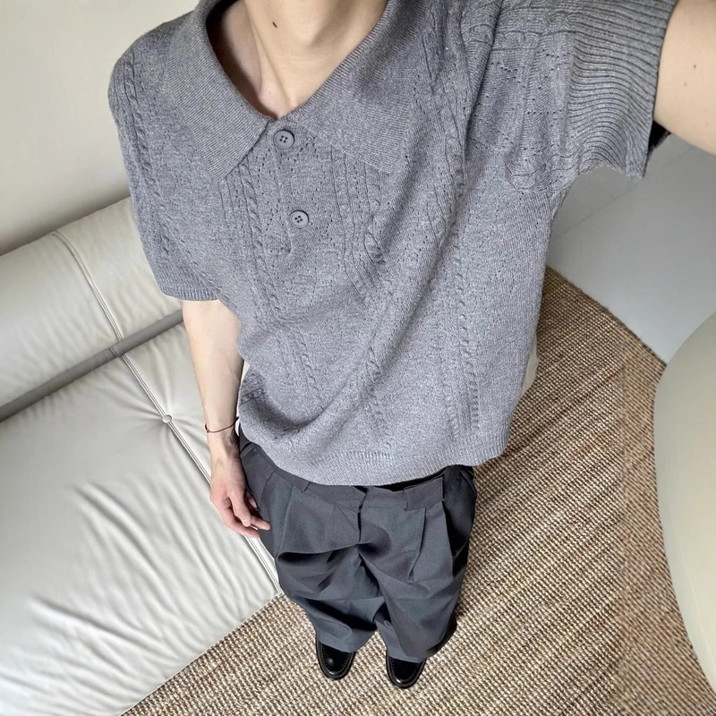 Wheat Jacquard Polo Knitwear Short-Sleeved Men's Summer Thin High-End Old Money Style T-Shirt Cleanfit Half-Sleeved