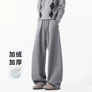美式复古垂感弯刀运动休闲裤男士宽松直筒阔腿裤潮流秋冬加绒长裤
