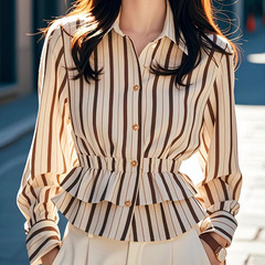 2024秋杏底カレーストライプウエスト長袖シャツ女性モコ魚元創綺麗レトロ香港風高級感上