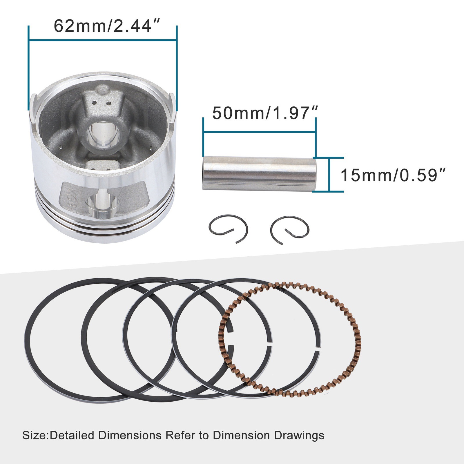 Motorcycle piston, 62mm piston, 15mm valve, piston ring, spring, ZJ150 kit, CG150cc, go-kart