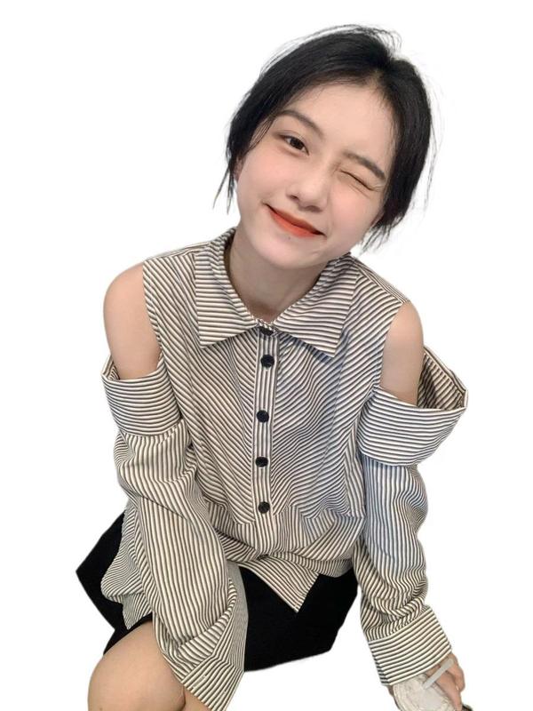 法式chic条纹露肩长袖衬衫女春秋设计感小众赫本风薄款防晒衬衣潮|undefined