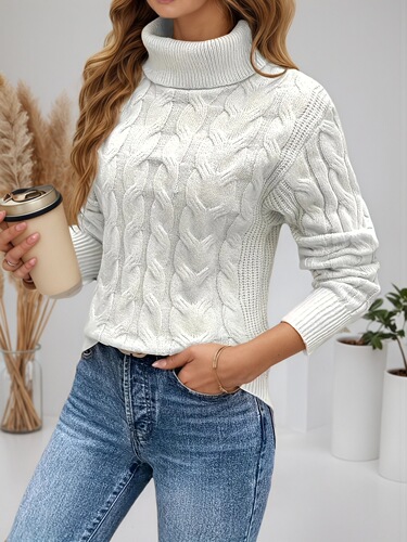 Women's Thick Knit Sweater, Long Sleeve, High Collar, Pure Color, Crochet, Loose and Slimming, Warm and Cozy Pullover