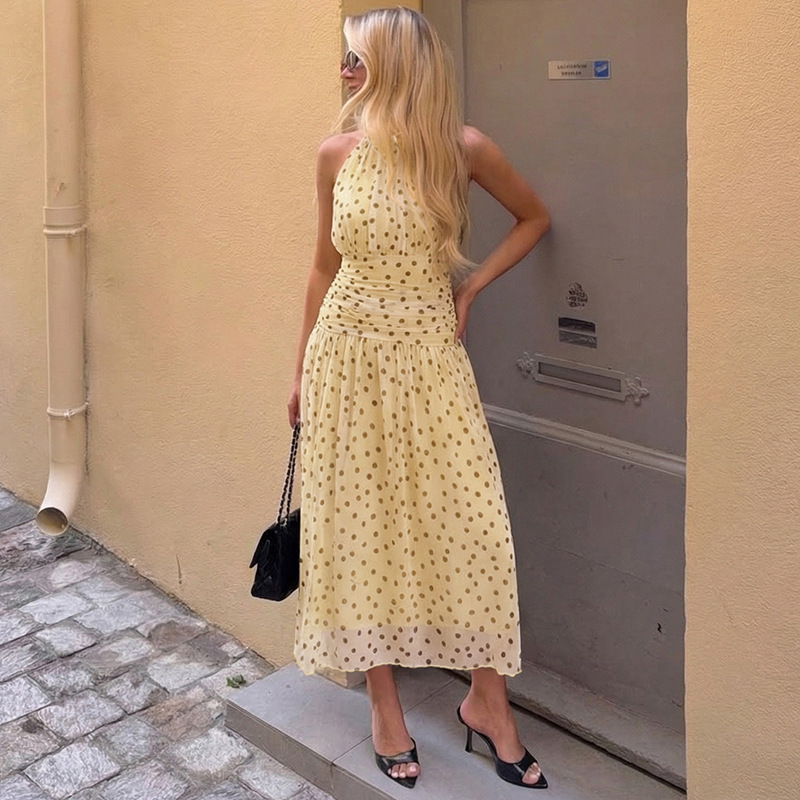 European and American Women's Fashion 2026 Summer New Stylish Slim-Fit Ruched Off-Shoulder Polka Dot Drapey Sleeveless Long Dress European and American Women's Fashion 2026 Summer New Stylish Slim-Fit Ruched Off-Shoulder Polka Dot Drapey Sleeveless Long Dress