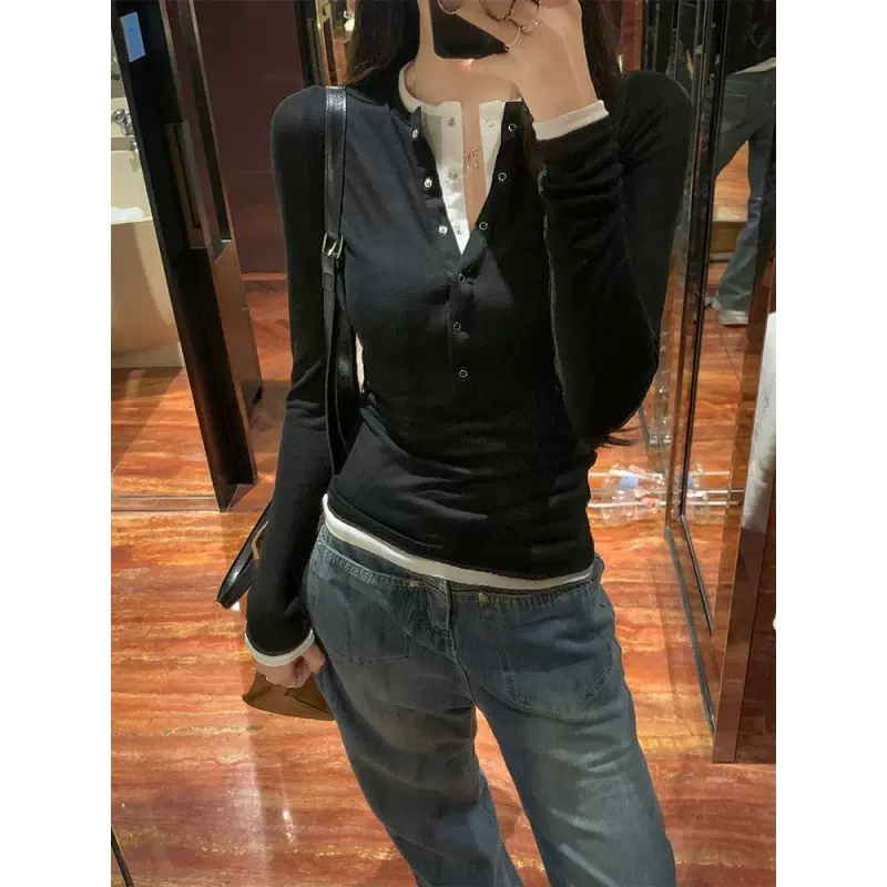 假两件排扣正肩长袖t恤女春秋设计感内搭修身显瘦打底衫辣妹上衣