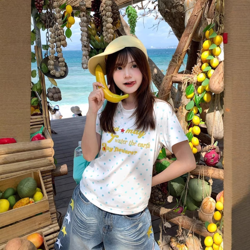 Summer New Style Polka Dot Print Design Slim Fit Short Round Neck T-Shirt Top