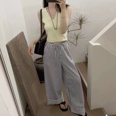 現 2024夏季新款韓國東大門慵懶休閒抽繩豎條紋薄款闊腿褲