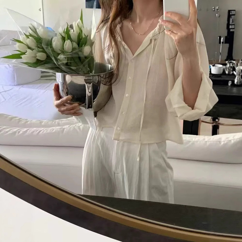 Spot Lotus Collar Pinch Pleated Lace-Up Shirt 2025 Summer Women's Loose Casual Pure Color Lazy Style Top Ec*E