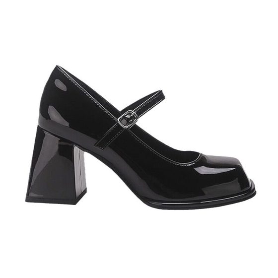 High heels women's black preppy style versatile small leather shoes chunky heel buckle square toe platform French Mary Jane shoes