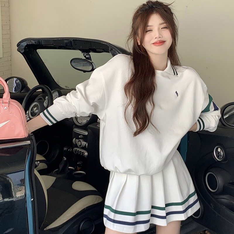 学院风炸街运动套装短裙女春秋季休闲时尚减龄甜辣妹百褶裙两件套