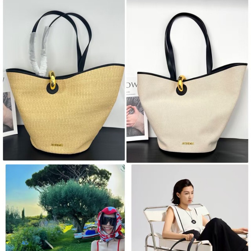 Jacquemus Classic Raffia Woven Large-Capacity Bucket Bag Shoulder Crossbody Bag Lock-Tote Handbag Jacquemus Classic Raffia Woven Large-Capacity Bucket Bag Shoulder Crossbody Bag Lock-Tote Handbag